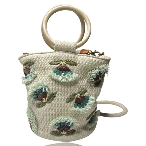 Lucky Brand Raffia Flower Crossbody Bag Natural Wood Handles Boho - Picture 4 of 16